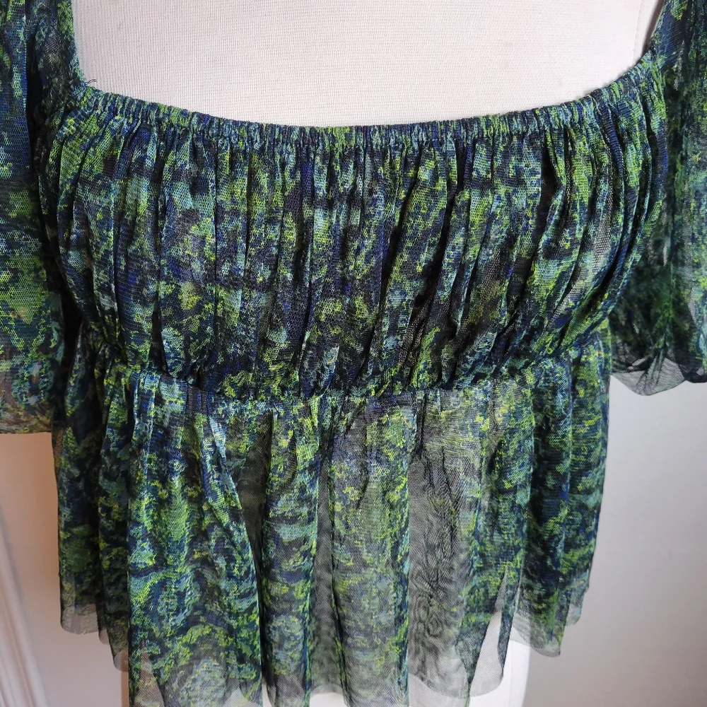 Free People Green Navy Floral Puff Sleeve Peplum Blouse